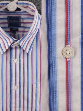 Faconnable Blue Red Pink XL Cotton Club Striped Point French Button Up Pocket